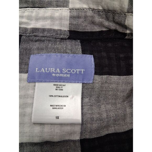 womens 1X Laura Scott blouse black white plaid gauzy cotton roll tab collared - Picture 6 of 9